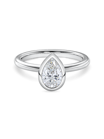 front view of 1.5carat bezel set pear shaped engagement ring in platinum featuring lab grown diamond.