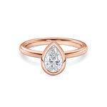 front view of 1.5carat bezel set pear shaped engagement ring in rose gold featuring lab grown diamond.