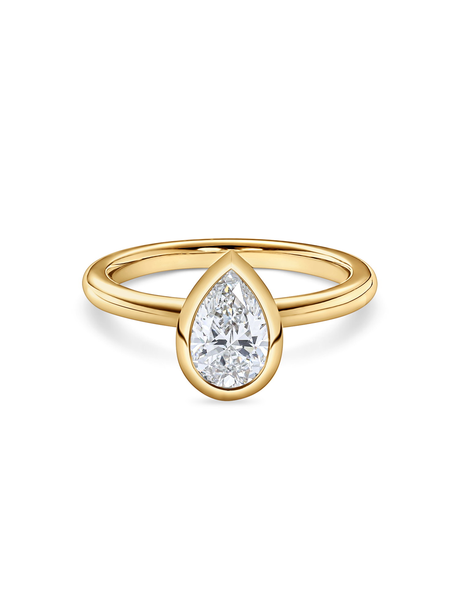 front view of 1.5carat bezel set pear shaped engagement ring in yellow gold featuring lab grown diamond.