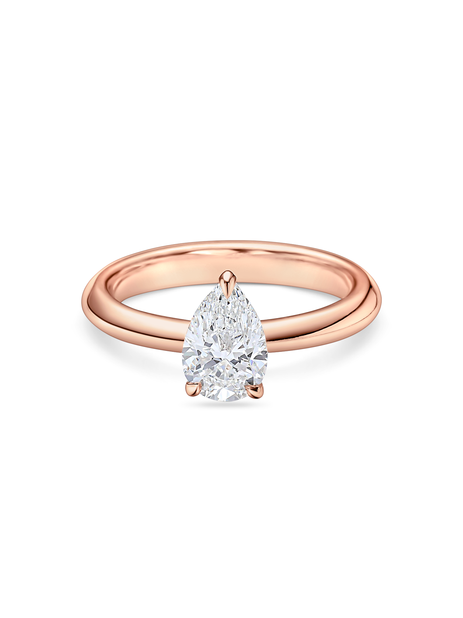 1.5 carat pear shaped engagement ring. Pear Solitaire with lab grown diamond in rose gold. front view