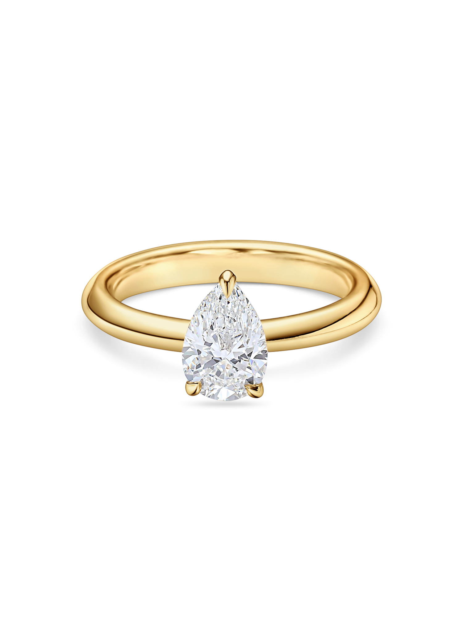 1.5 carat pear shaped engagement ring. Pear Solitaire with lab grown diamond in yellow gold. front view