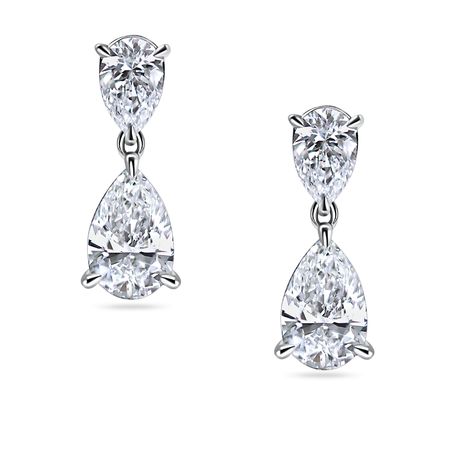 2 carat pear lab grown diamond drop earrings in platinum or yellow gold. Zoomed in.
