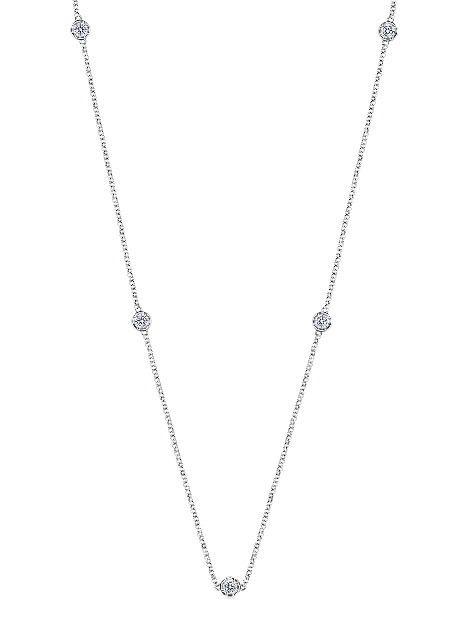 zoomed out view of the spectacle set 5 round lab grown diamond necklace. Made with recycled precious metals in london.