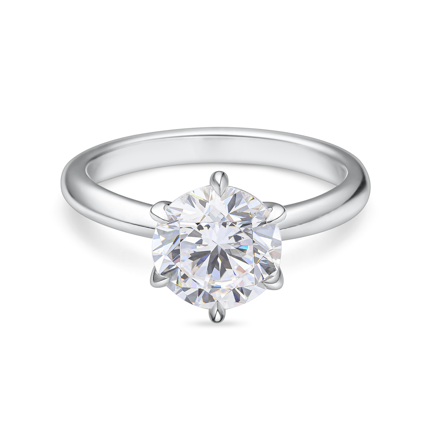 front view of round solitaire engagement ring with six claws. featuring a round lab grown diamond in platinum