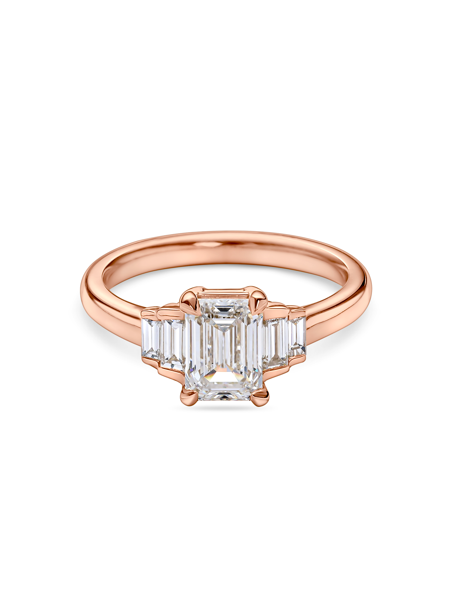 Five Stone Art Deco Emerald Cut Engagement Ring in rose gold. Lab grown emerald cut diamond. front view