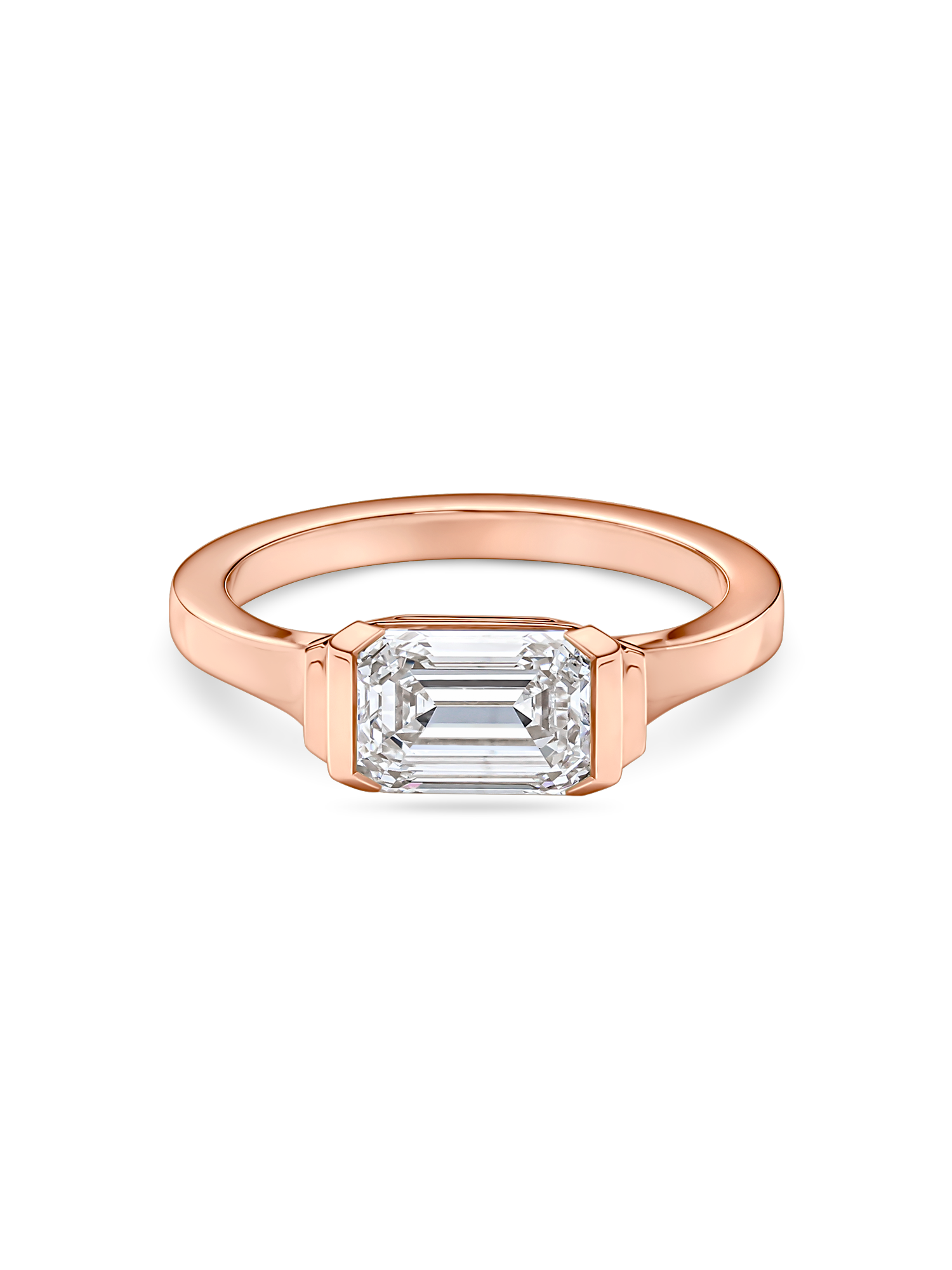 18k Rose Gold East West Engagement Ring featuring a Emerald Cut lab grown diamond