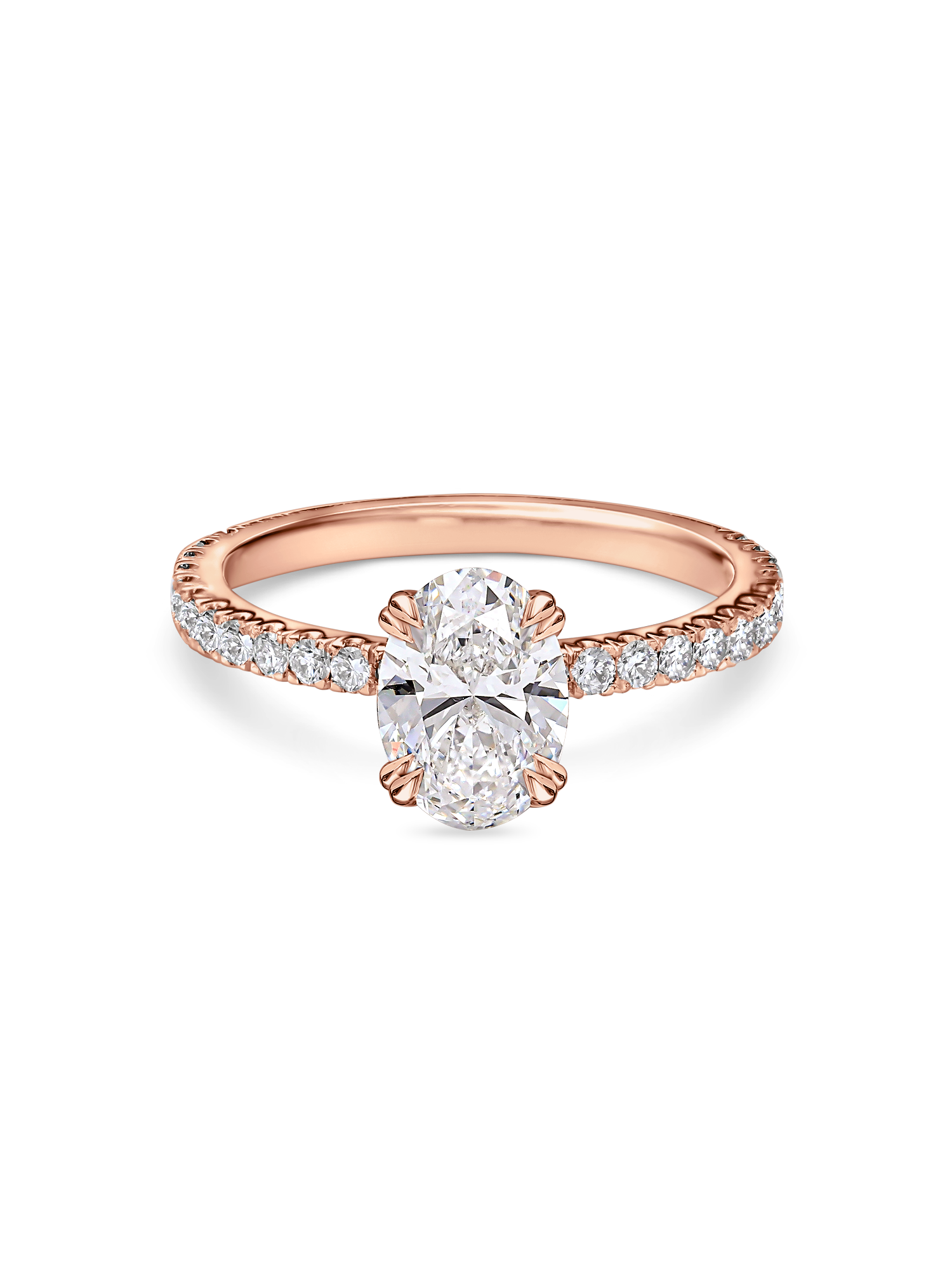 front view of rose gold oval solitaire engagement ring with hidden halo and diamond set band. all lab grown diamonds