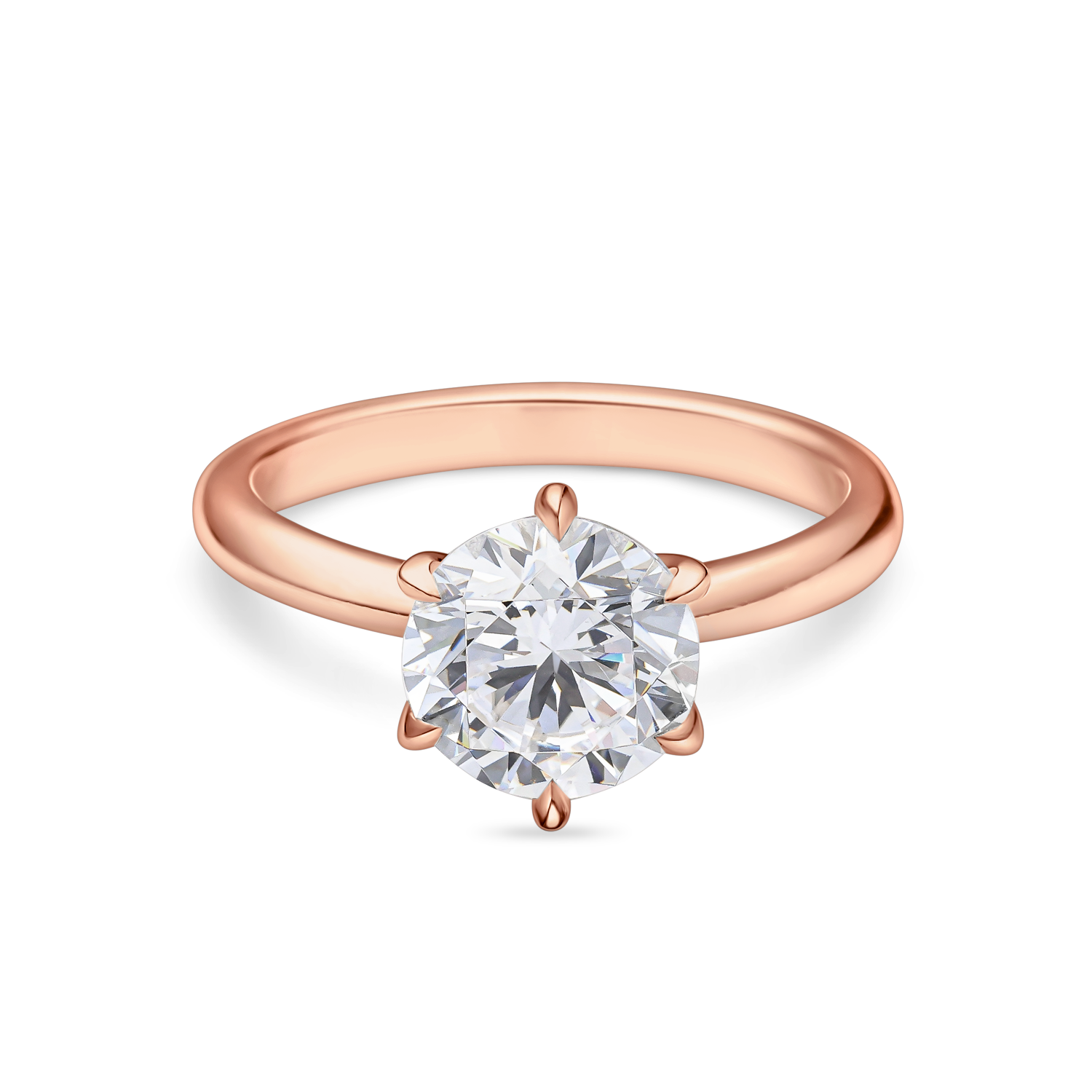 front view of round solitaire engagement ring with six claws. featuring a round lab grown diamond in rose gold