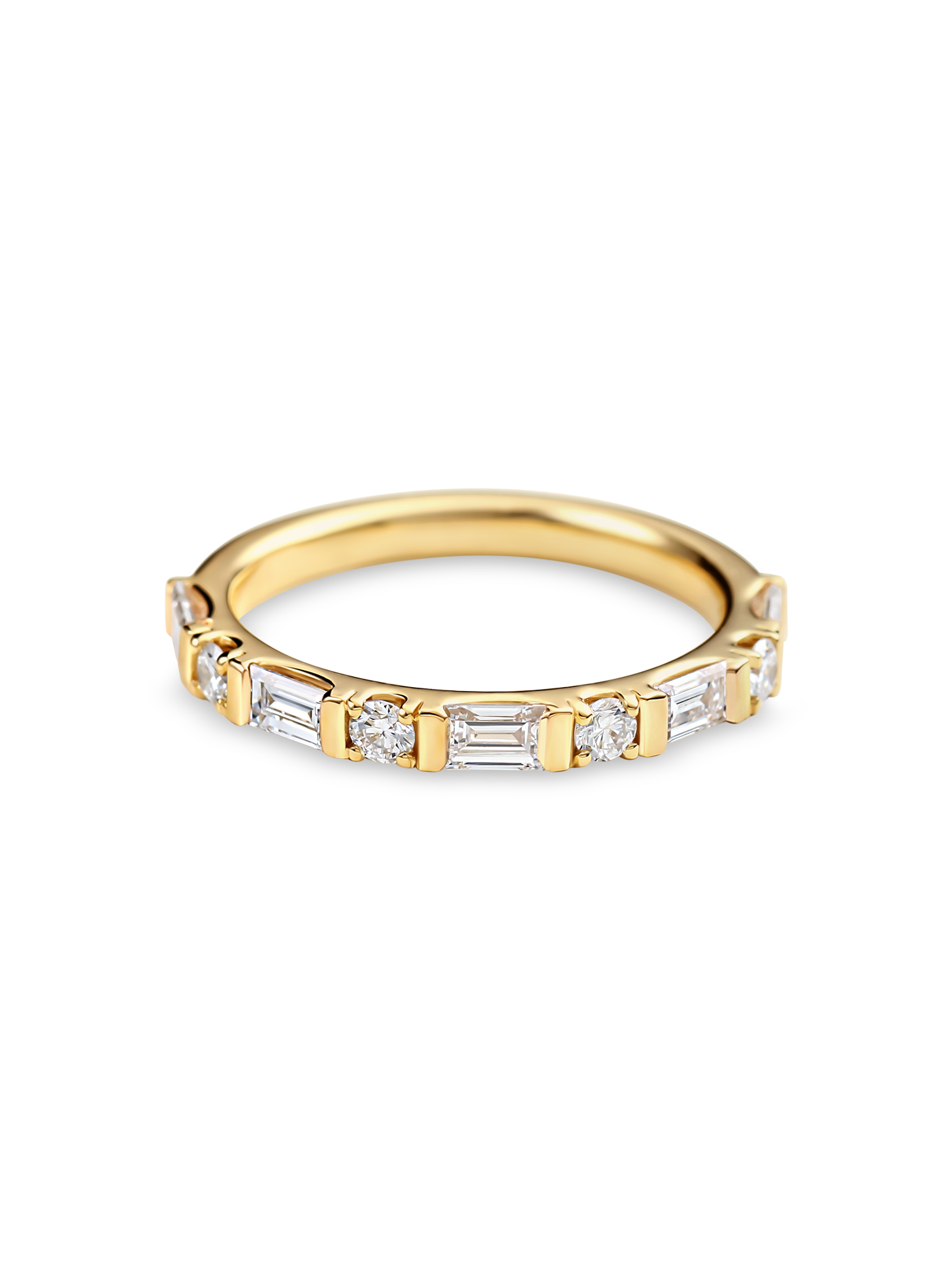 yellow gold round and baguette wedding ring made out of lab grown diamonds and recycled precious metals.
