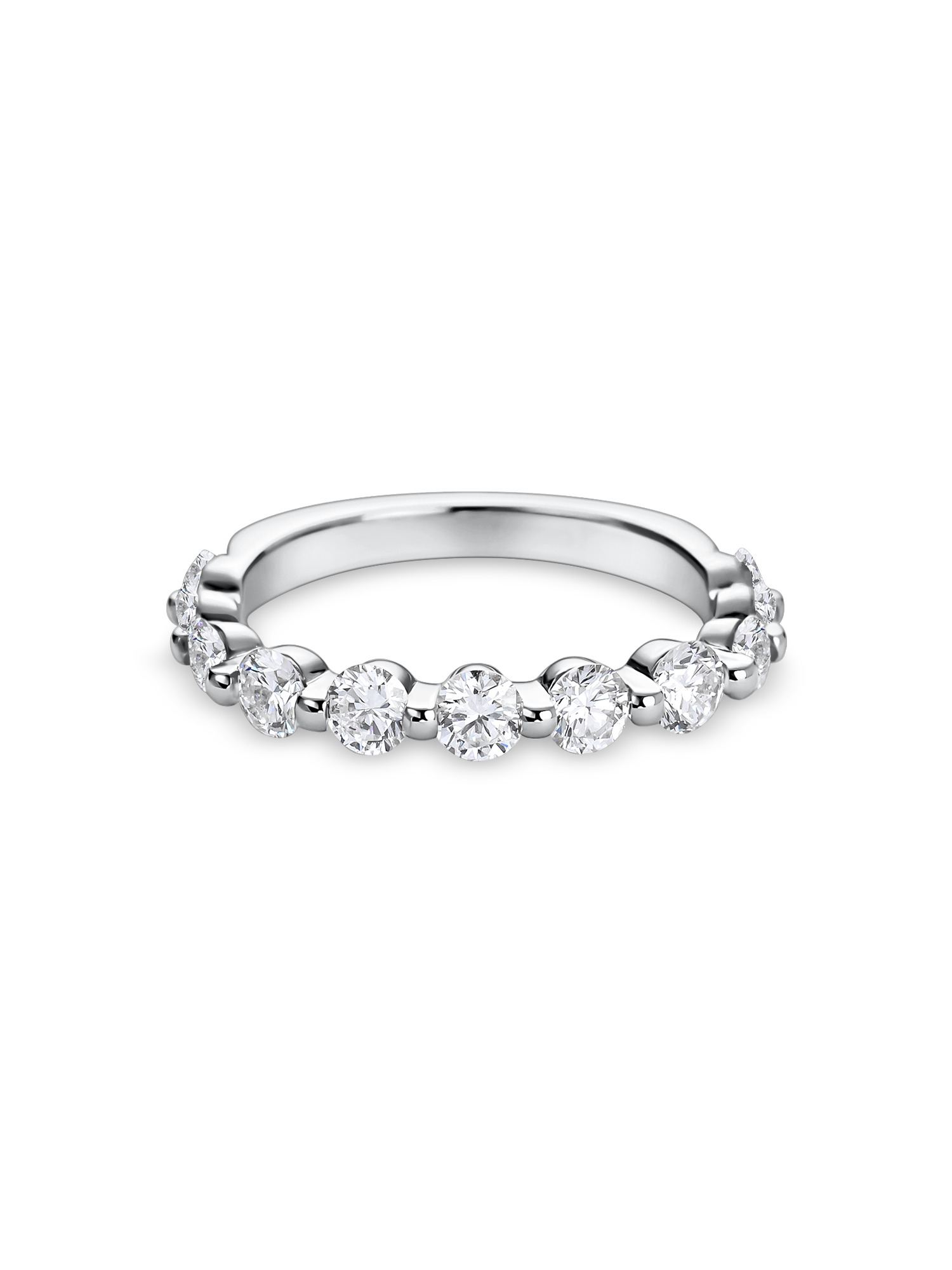 round shared claw wedding band with 3mm stones in platinum