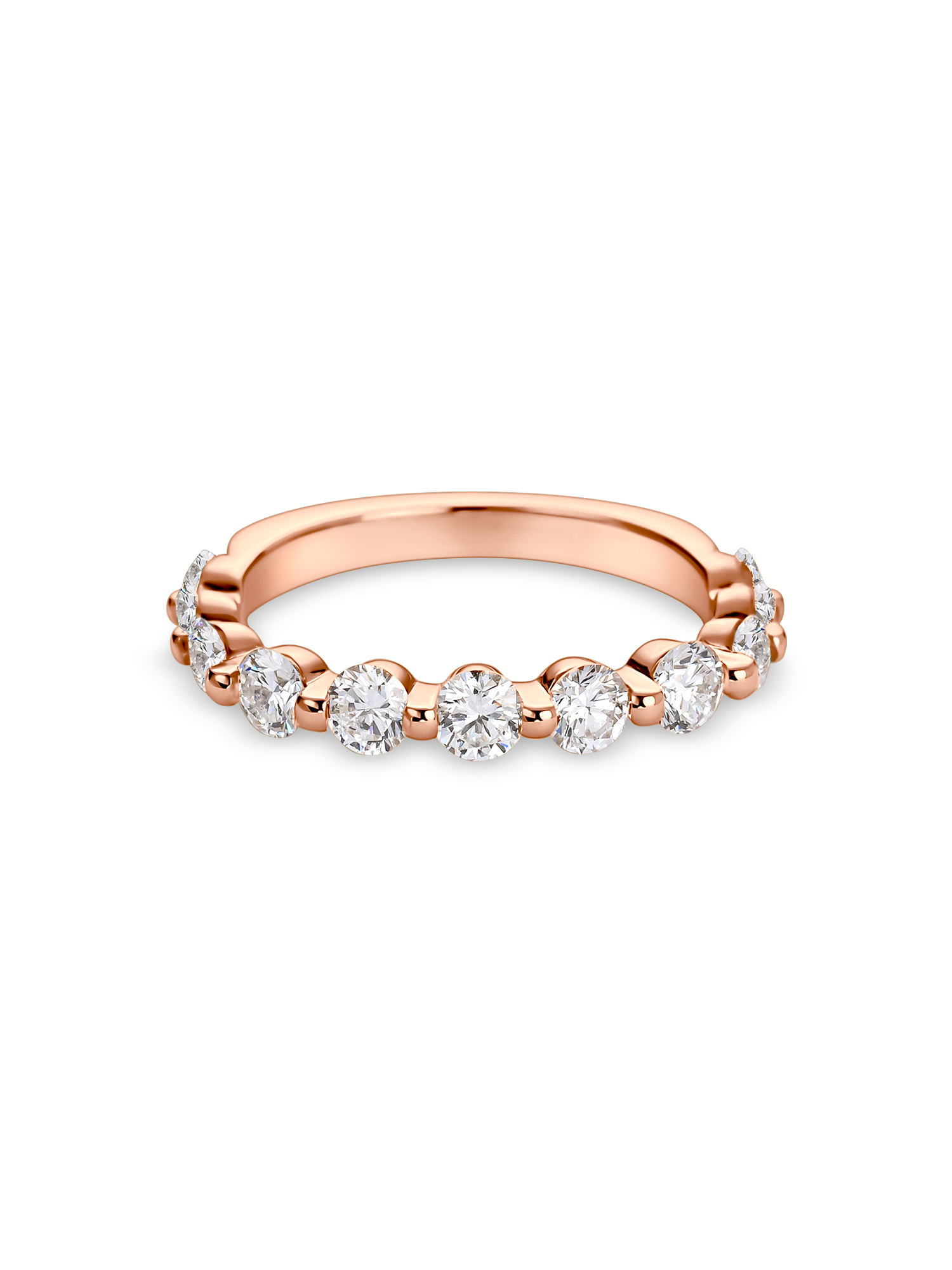 round shared claw wedding band with 3mm stones in rose gold