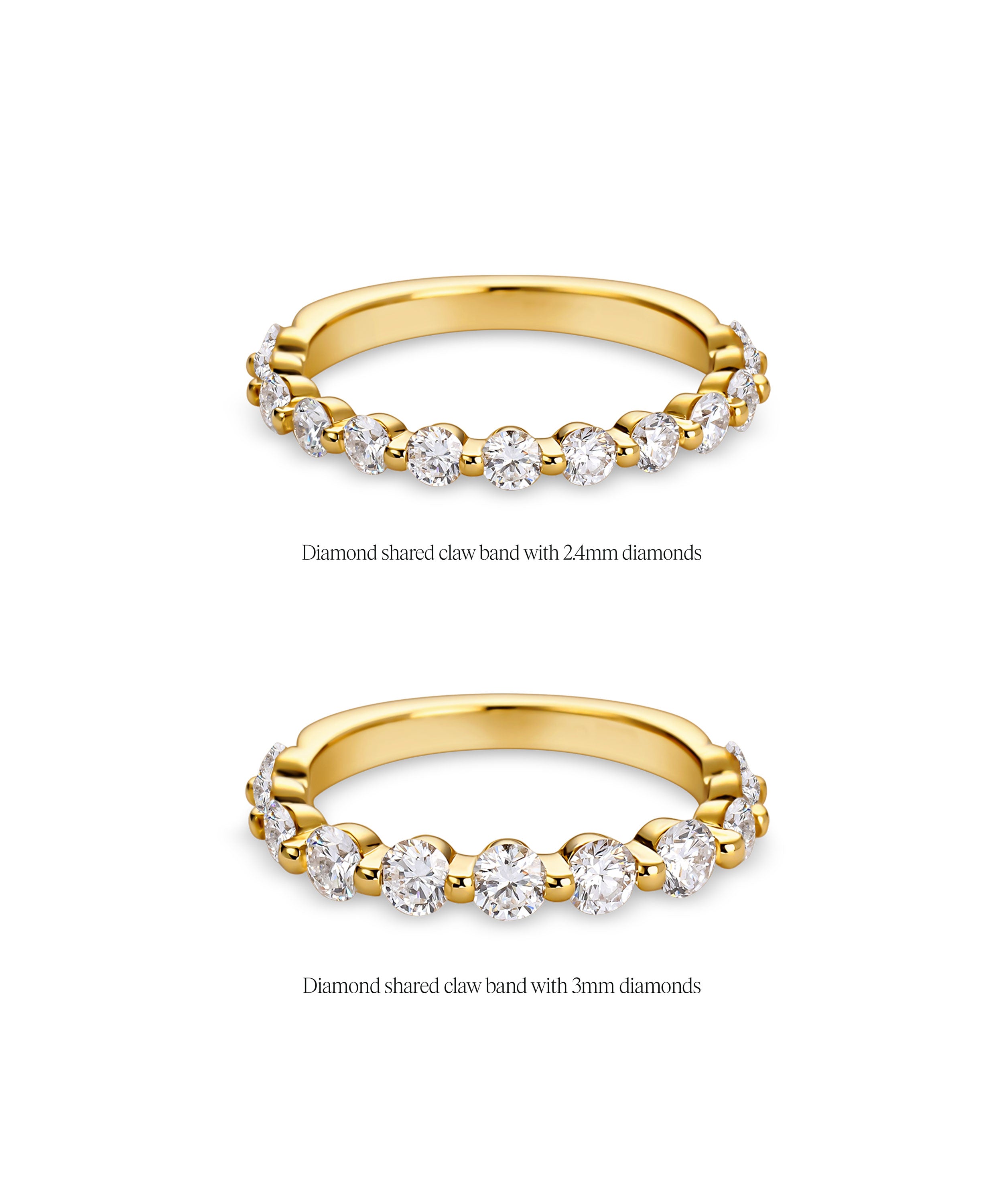 round shared claw wedding band with 3mm stones in yellow gold, compared to 2.4mm option.