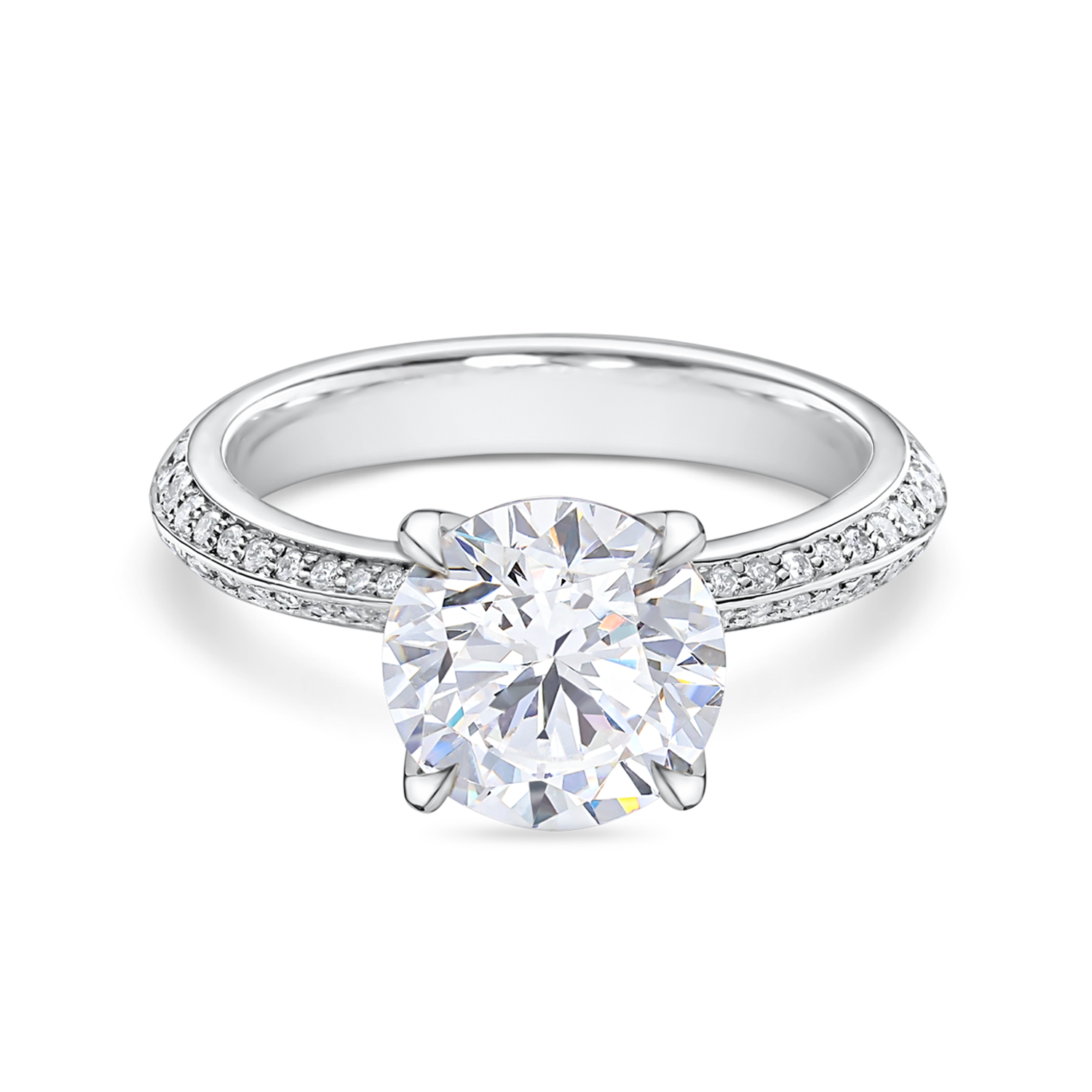 front view of 2 carat round solitaire with diamond set band. made from lab grown diamonds and recycled platinum