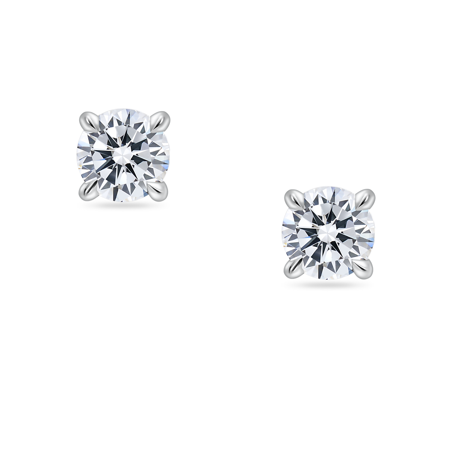 close up of 1 carat round lab grown diamond stud earrings. Platinum