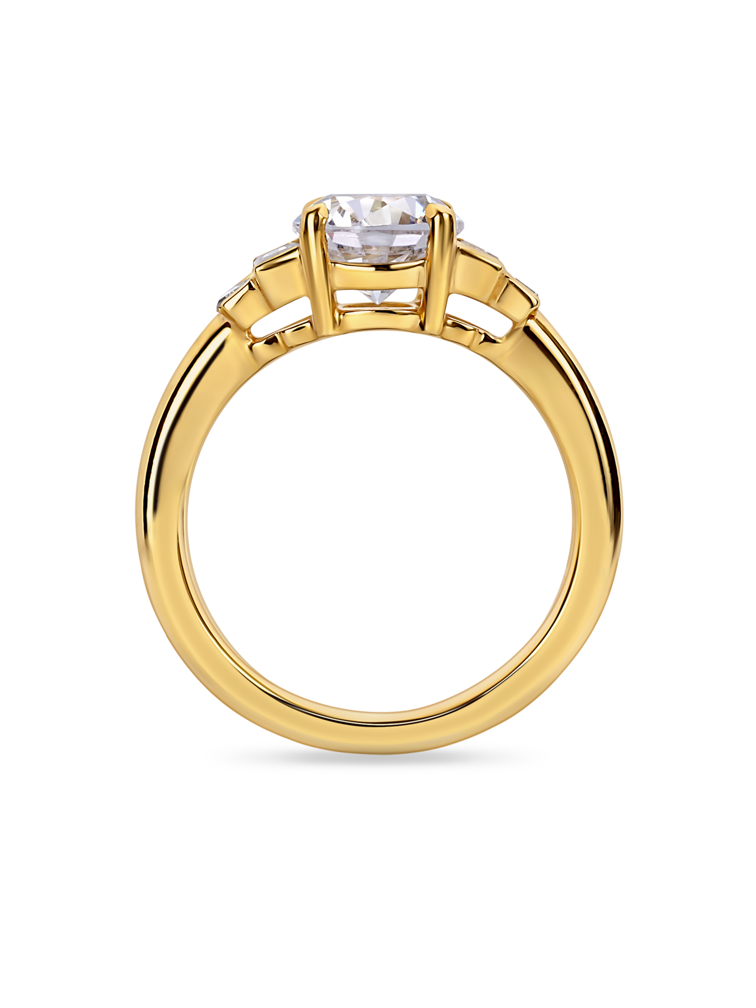 side view of yellow gold art deco engagement ring. Five stone ring with round lab grown diamonds and side baguettes