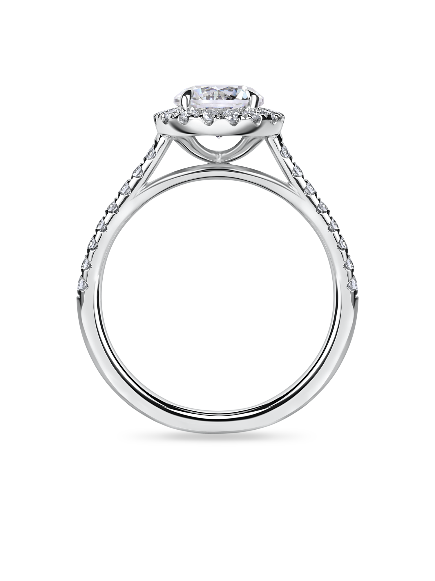 side view of of 2ct lab grown round halo engagement ring