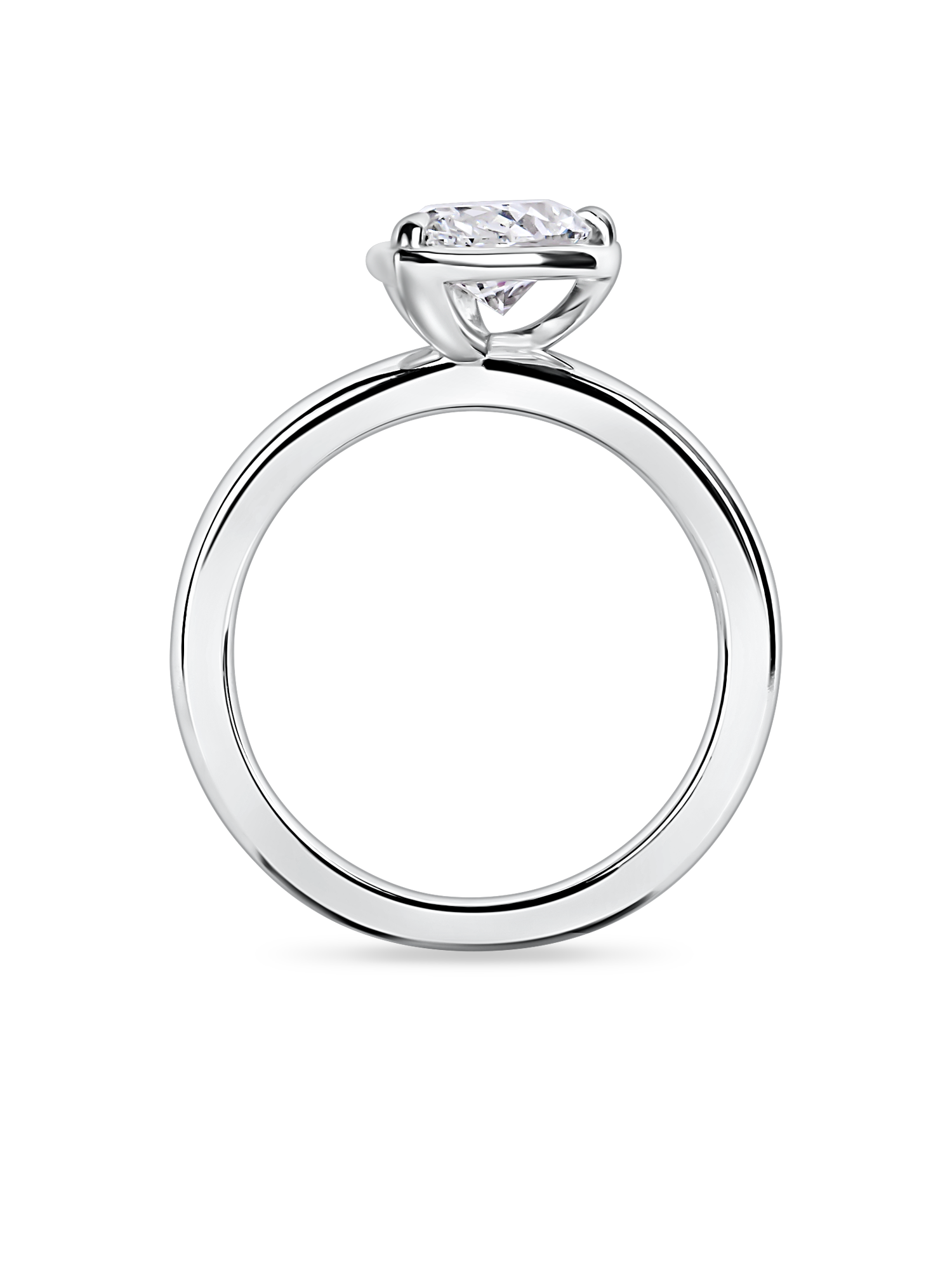 side view of the tilted pear solitaire engagement ring set in platinum featuring a lab grown diamond.