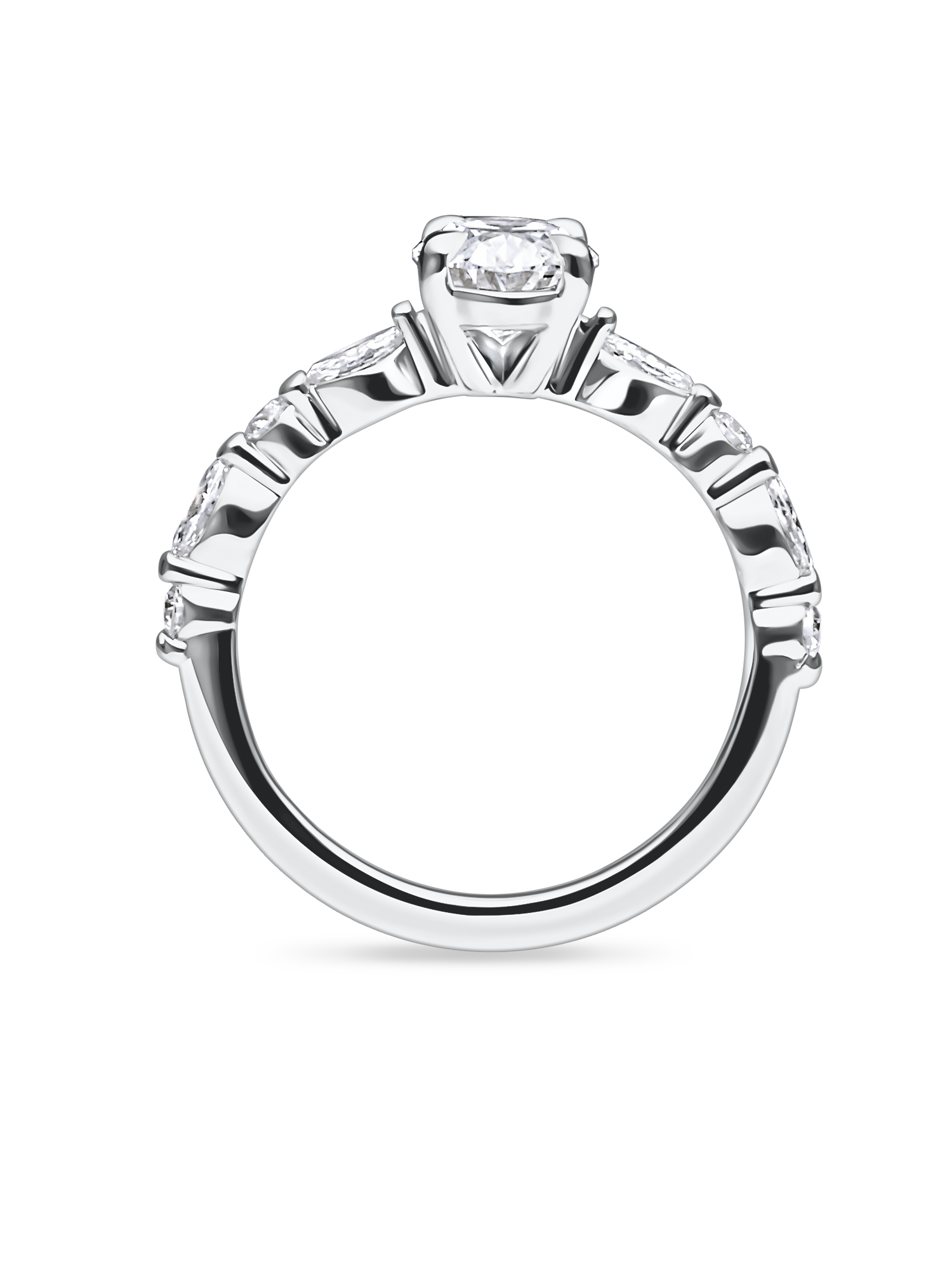 side view of unique platinum engagement ring featuring lab grown diamonds and a diamond set band. Made in london, uk