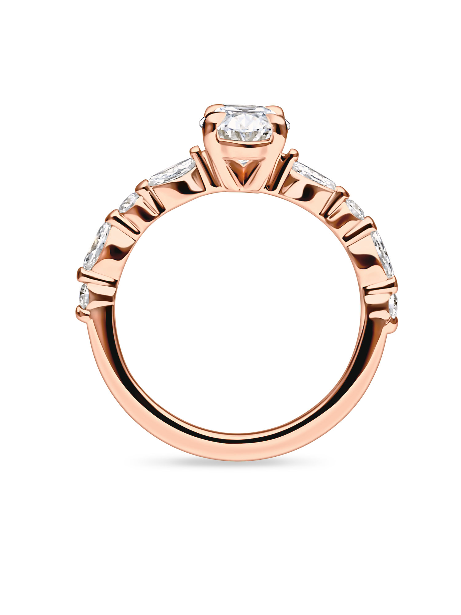 side view of unique rose gold engagement ring featuring lab grown diamonds and a diamond set band. Made in london, uk