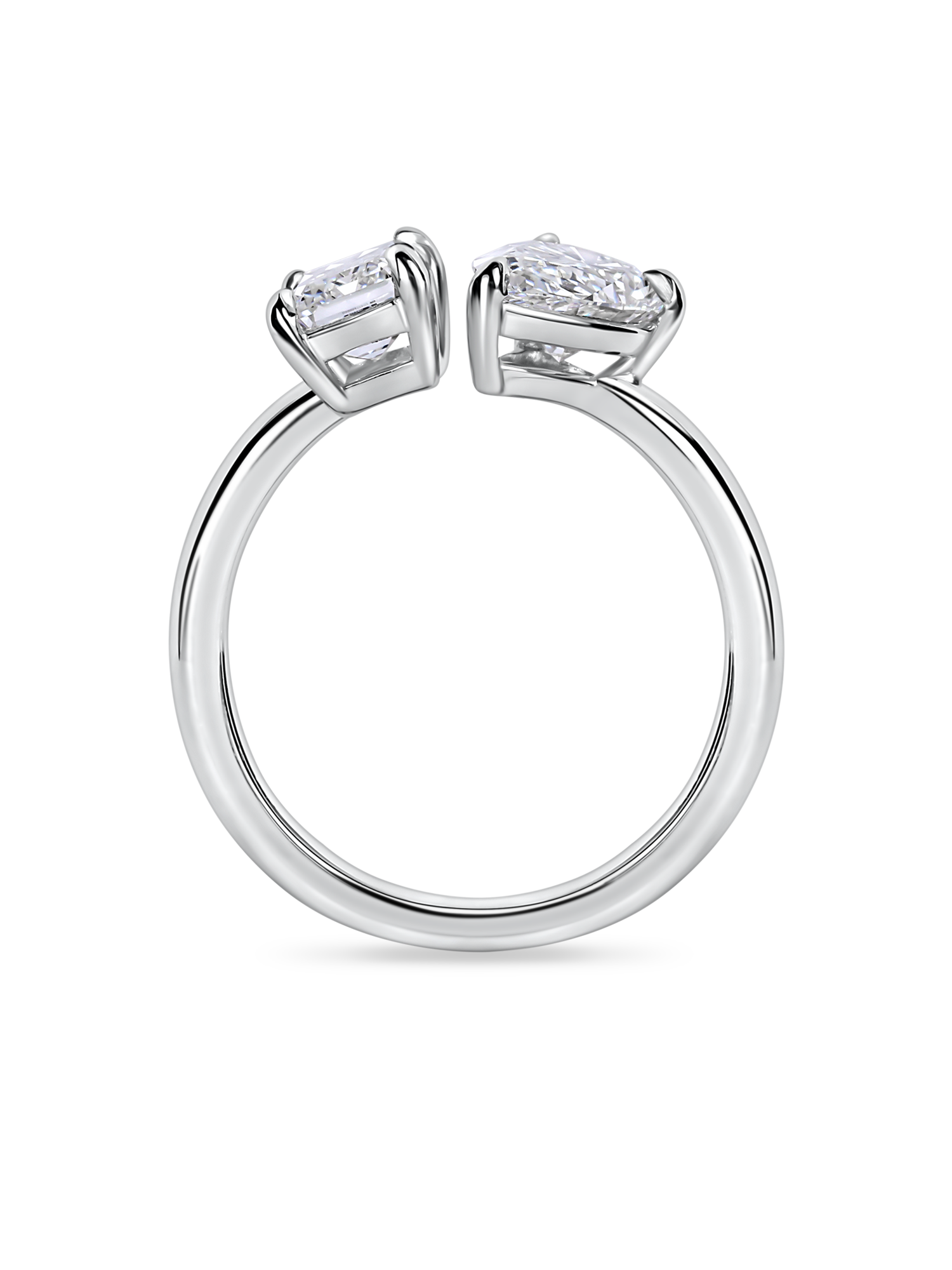 side view of a 2 carat toi et moi ring. Lab Grown pear and emerald cut diamonds in platinum