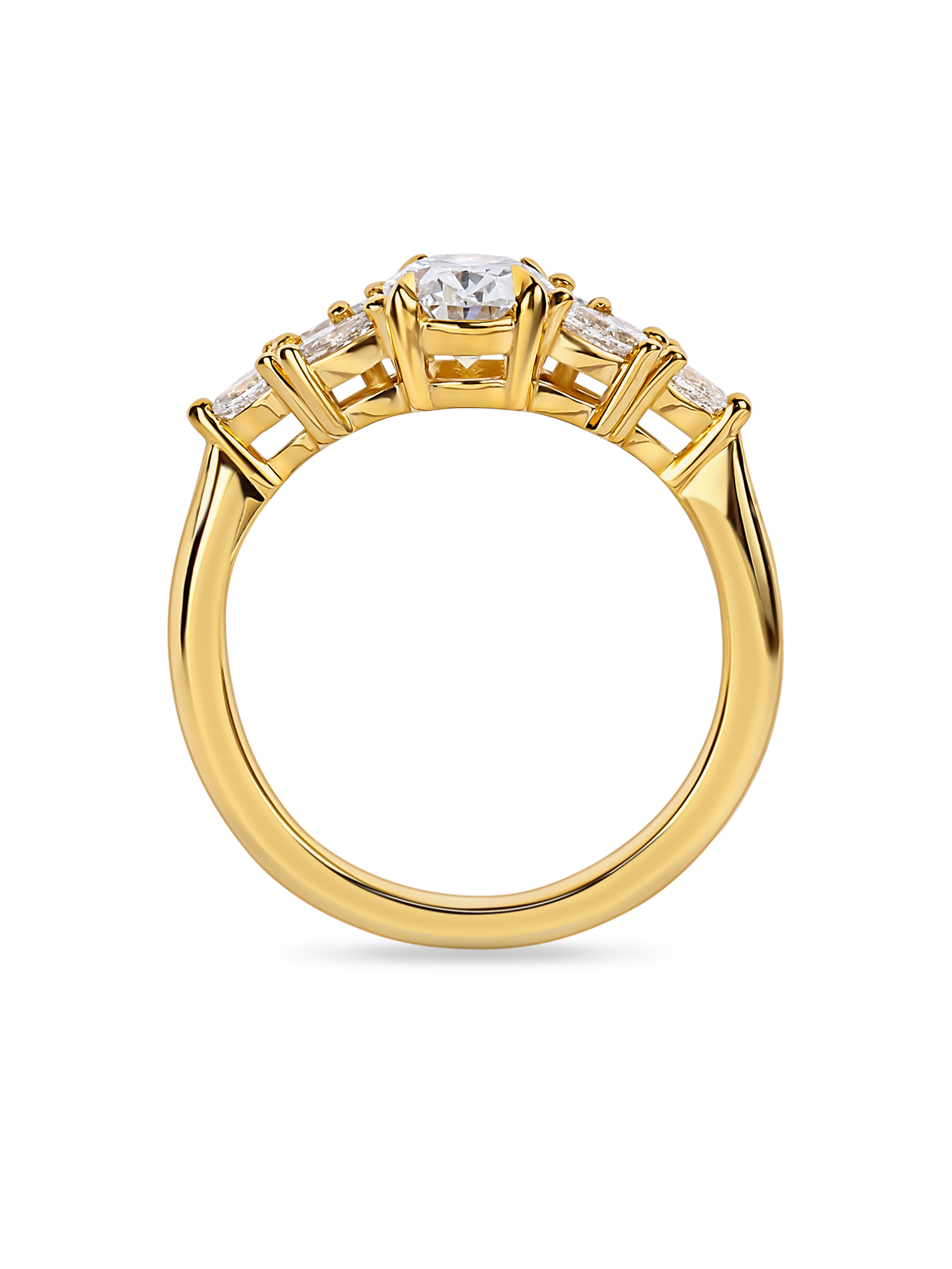 side view of Floral oval engagement ring with lab grown diamond and pear side stones in yellow gold