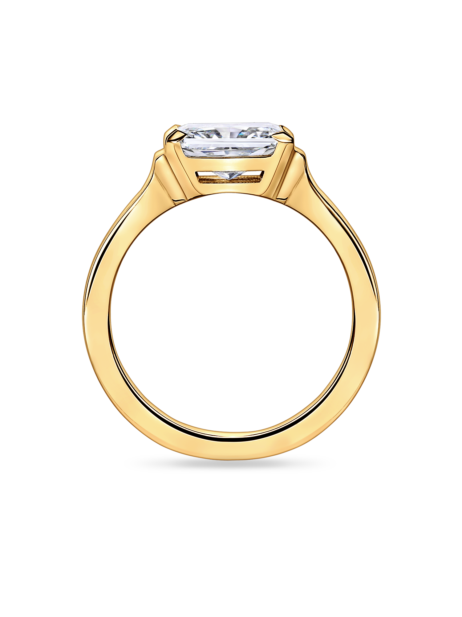 side profile of 18k Yellow Gold East West Engagement Ring featuring a Emerald Cut lab grown diamond