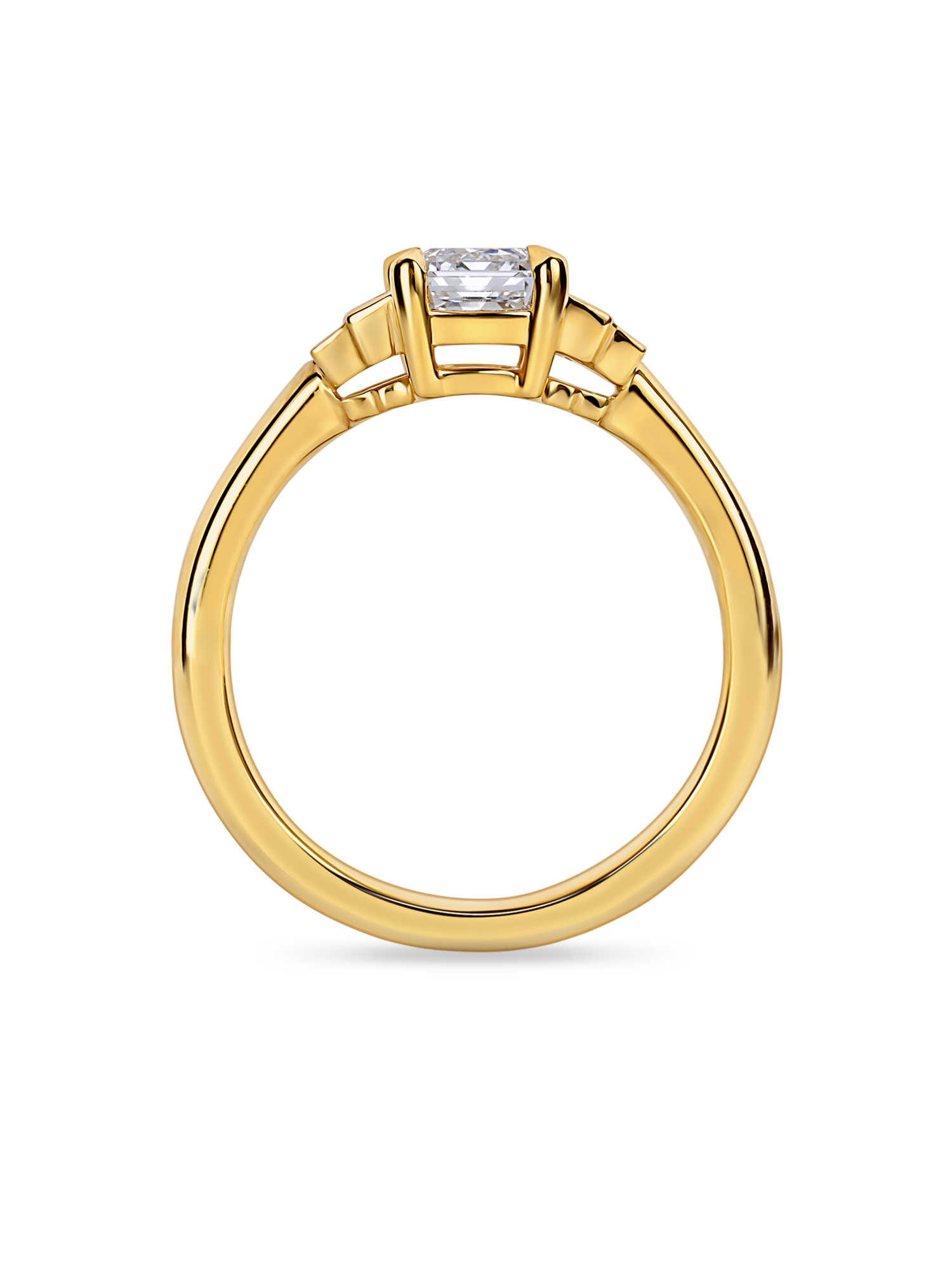 Five Stone Art Deco Emerald Cut Engagement Ring in yellow gold. Lab grown emerald cut diamond. side view