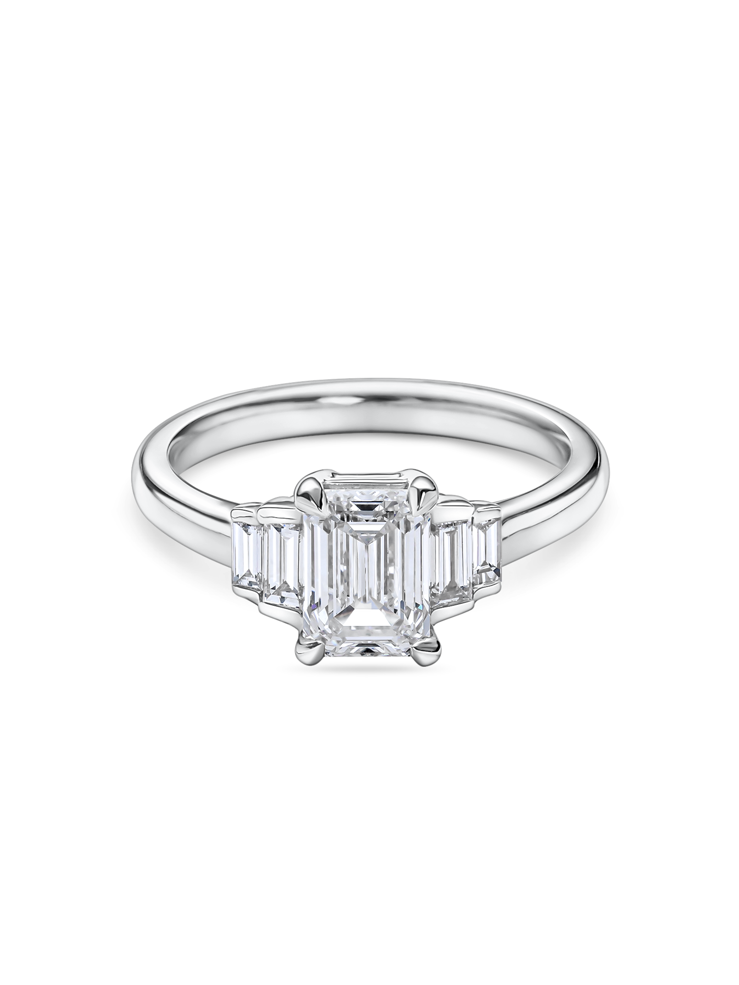 Five Stone Art Deco Emerald Cut Engagement Ring in platinum. Lab grown emerald cut diamond. front view