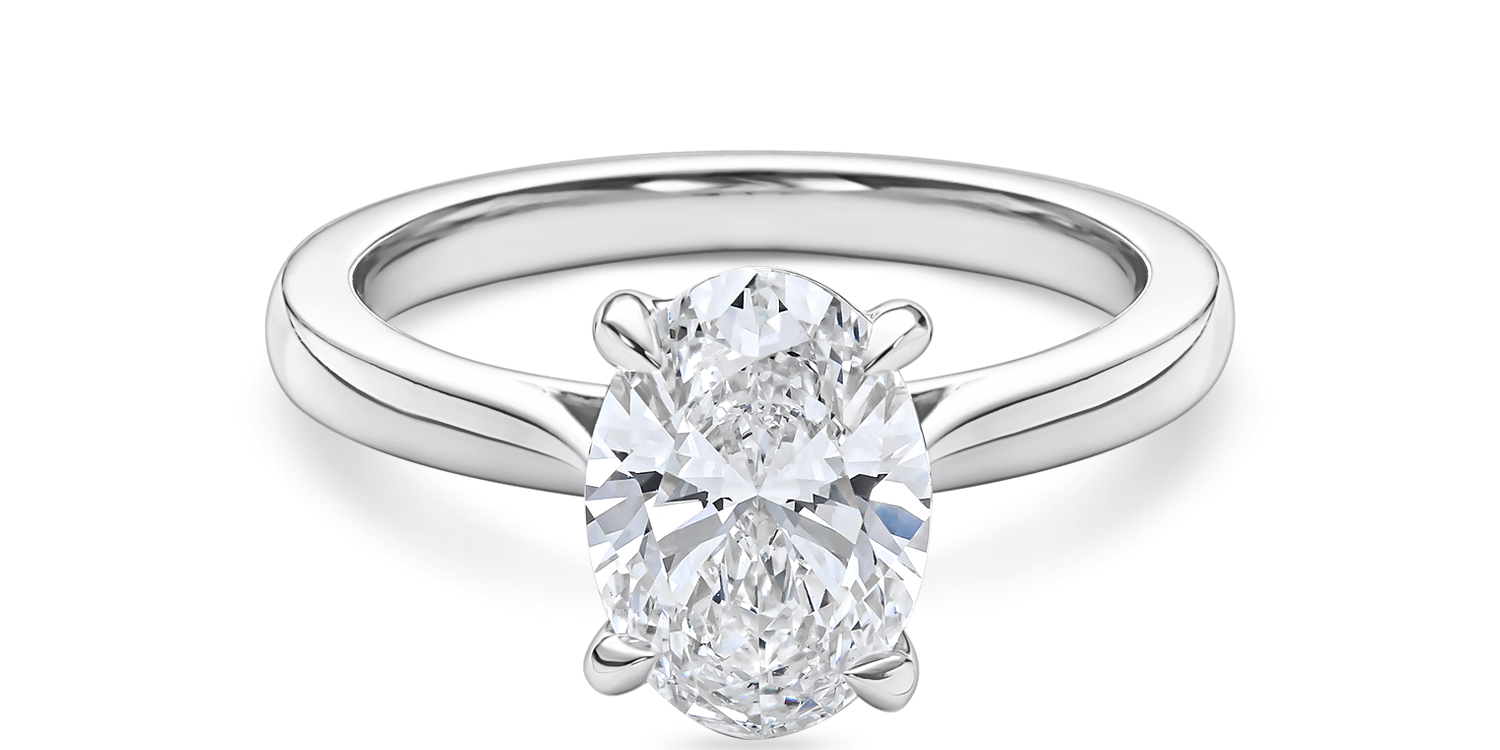 lab grown diamond oval engagement ring with cathedral setting. Front view in platinum.