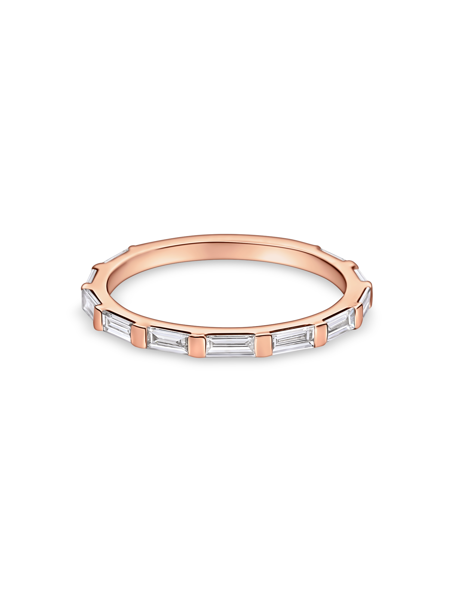 skinny baguette wedding band in rose gold. made with lab grown diamonds and recycled precious metals