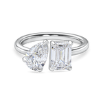 front view of a 2 carat toi et moi ring. Lab Grown pear and emerald cut diamonds in platinum