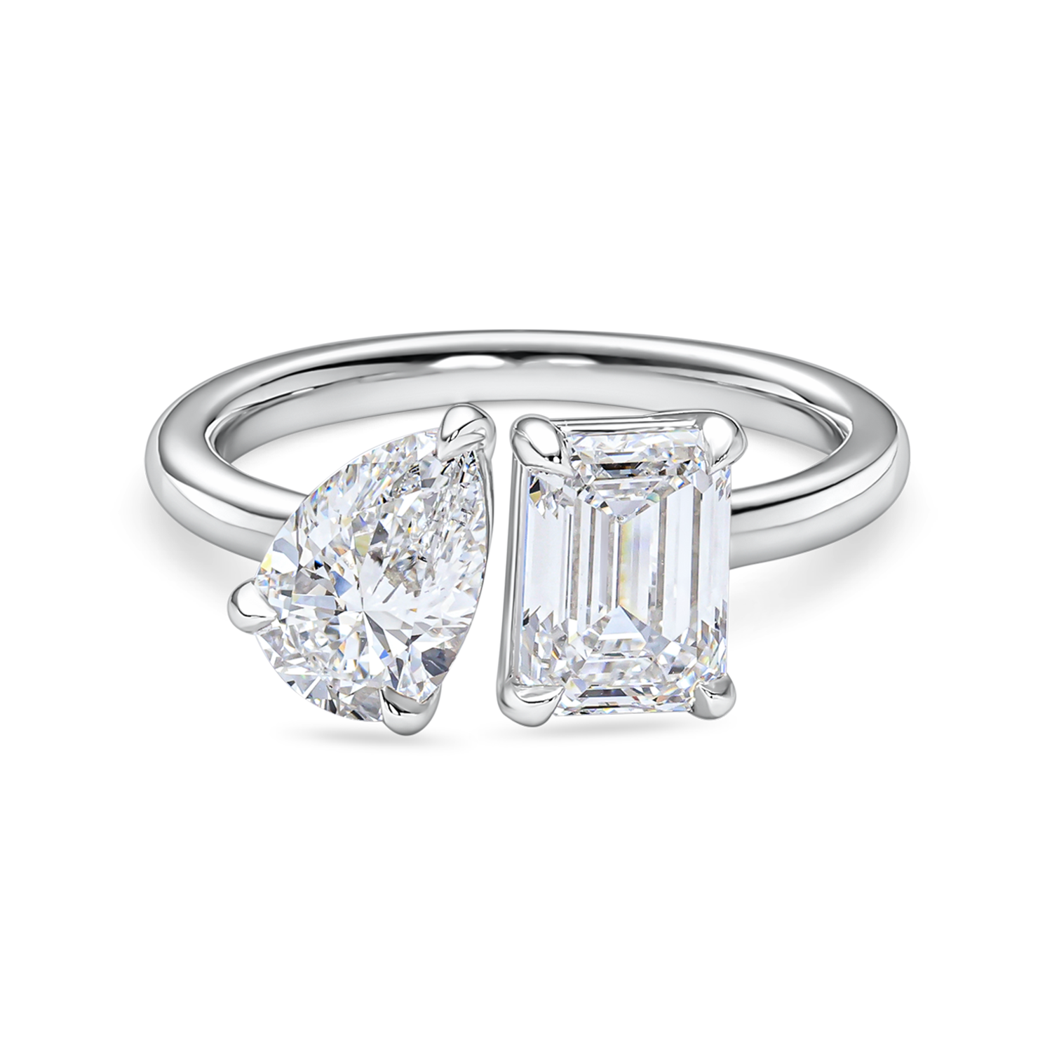 front view of a 2 carat toi et moi ring. Lab Grown pear and emerald cut diamonds in platinum