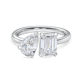 front view of a 2 carat toi et moi ring. Lab Grown pear and emerald cut diamonds in platinum