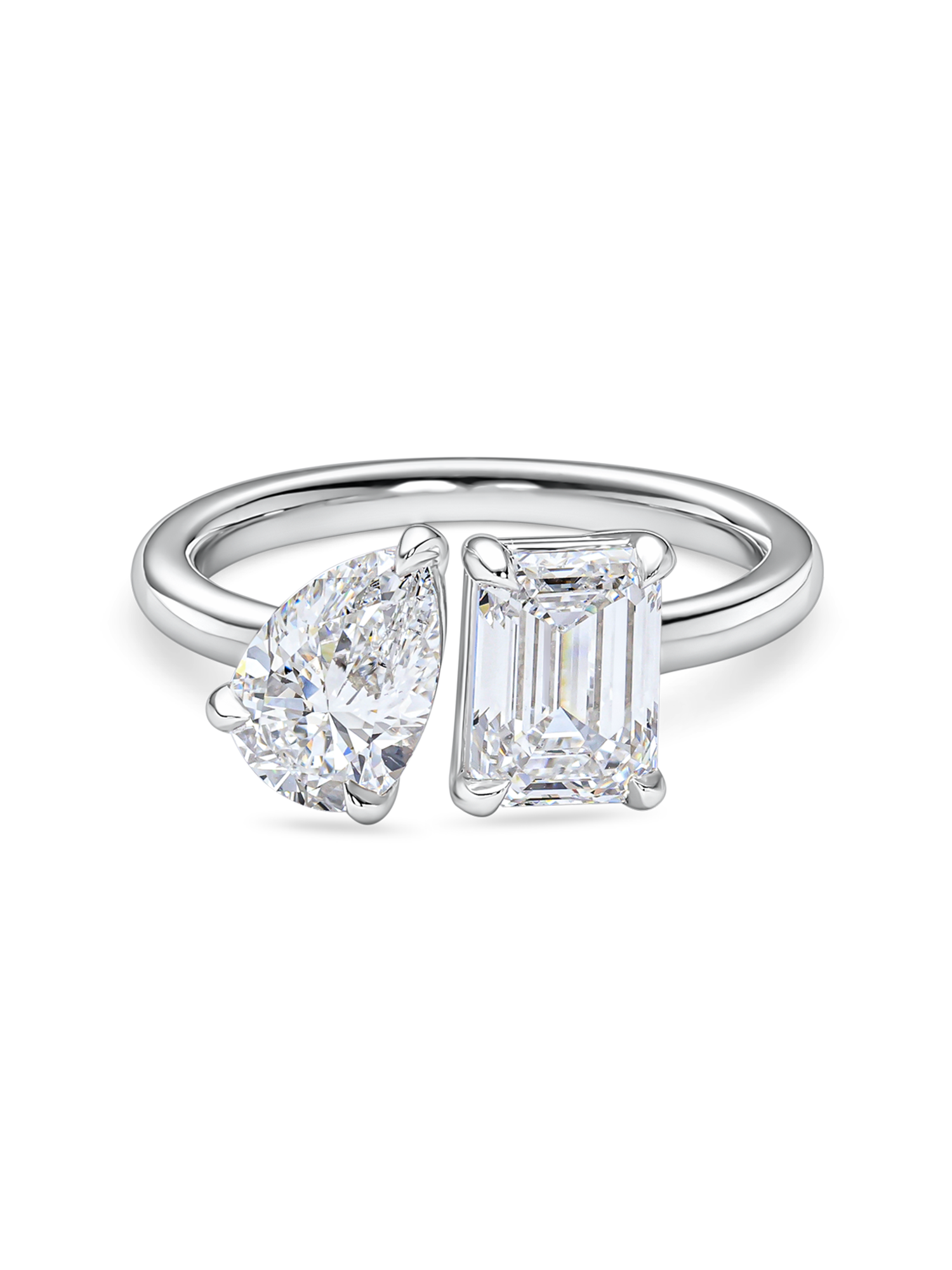 front view of a 2 carat toi et moi ring. Lab Grown pear and emerald cut diamonds in platinum