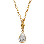zoom in of a 2 carat lab grown diamond pear shaped yellow gold vintage inspired diamond pendant