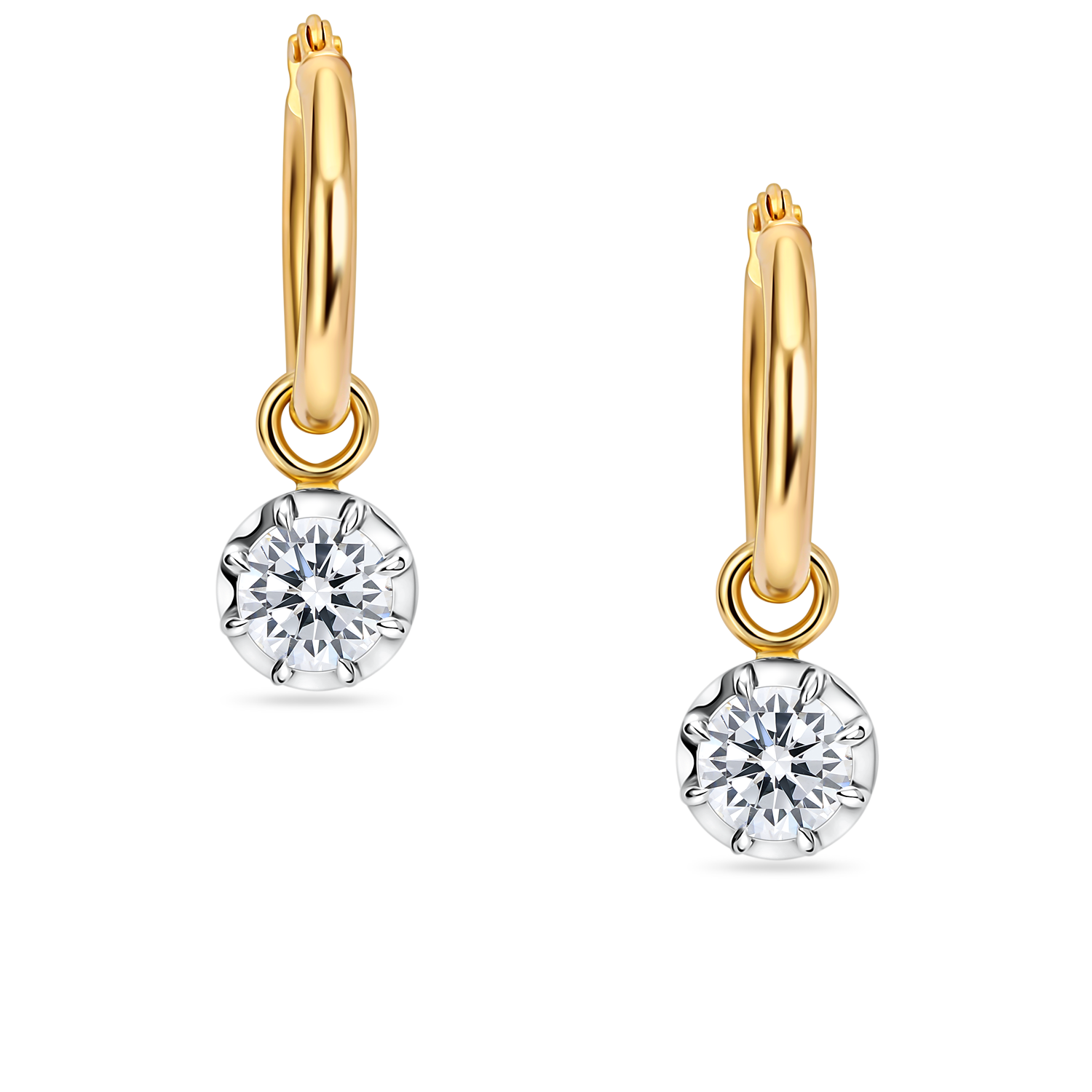 close up of vintage inspired lab grown round diamond hoops in yellow gold