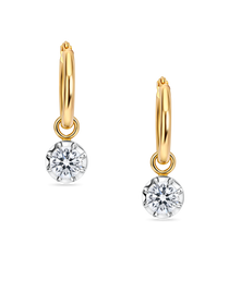 close up of vintage inspired lab grown round diamond hoops in yellow gold