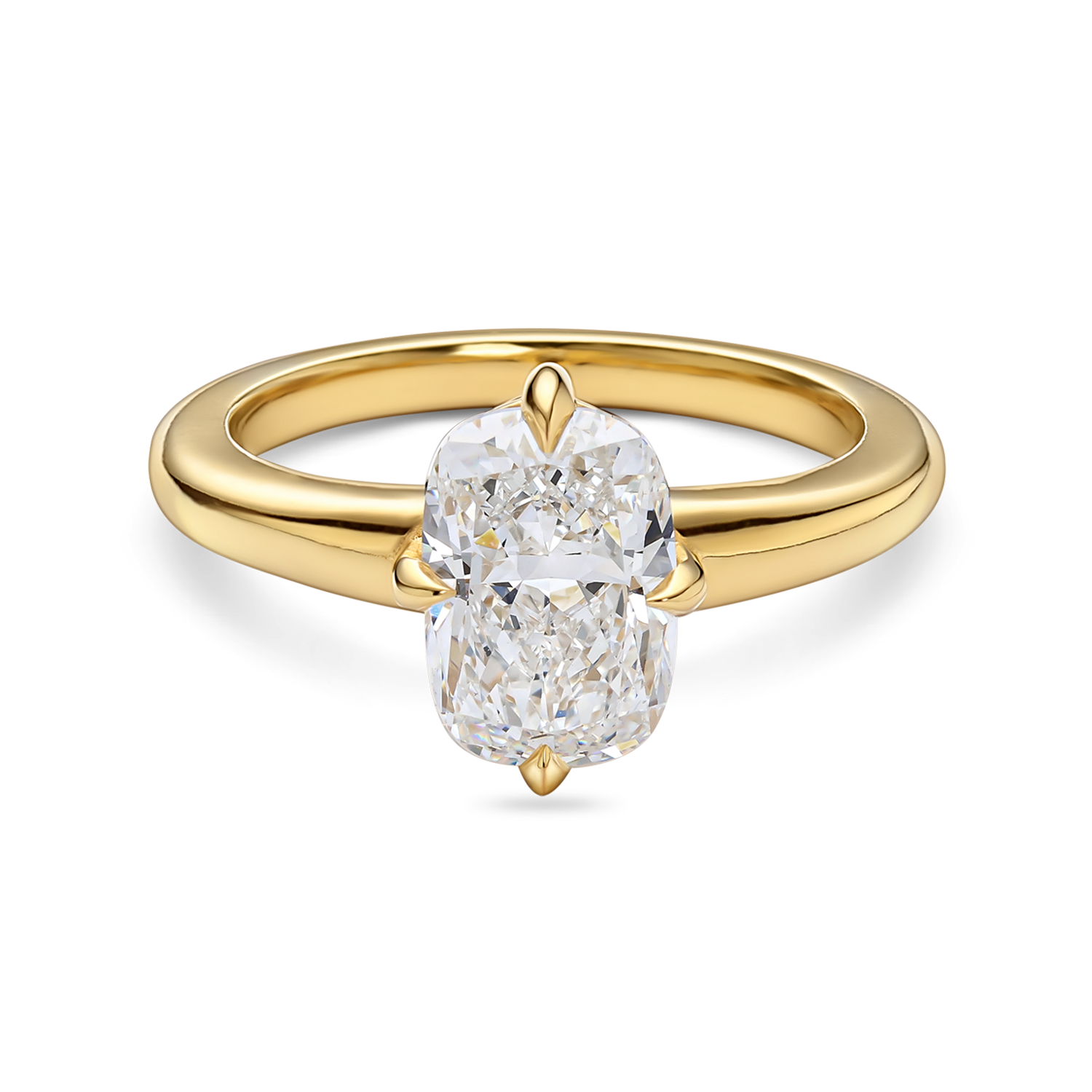 front view of yellow gold Cushion cut solitaire engagement ring with lab grown diamond and compass prongs