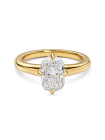 front view of yellow gold Cushion cut solitaire engagement ring with lab grown diamond and compass prongs