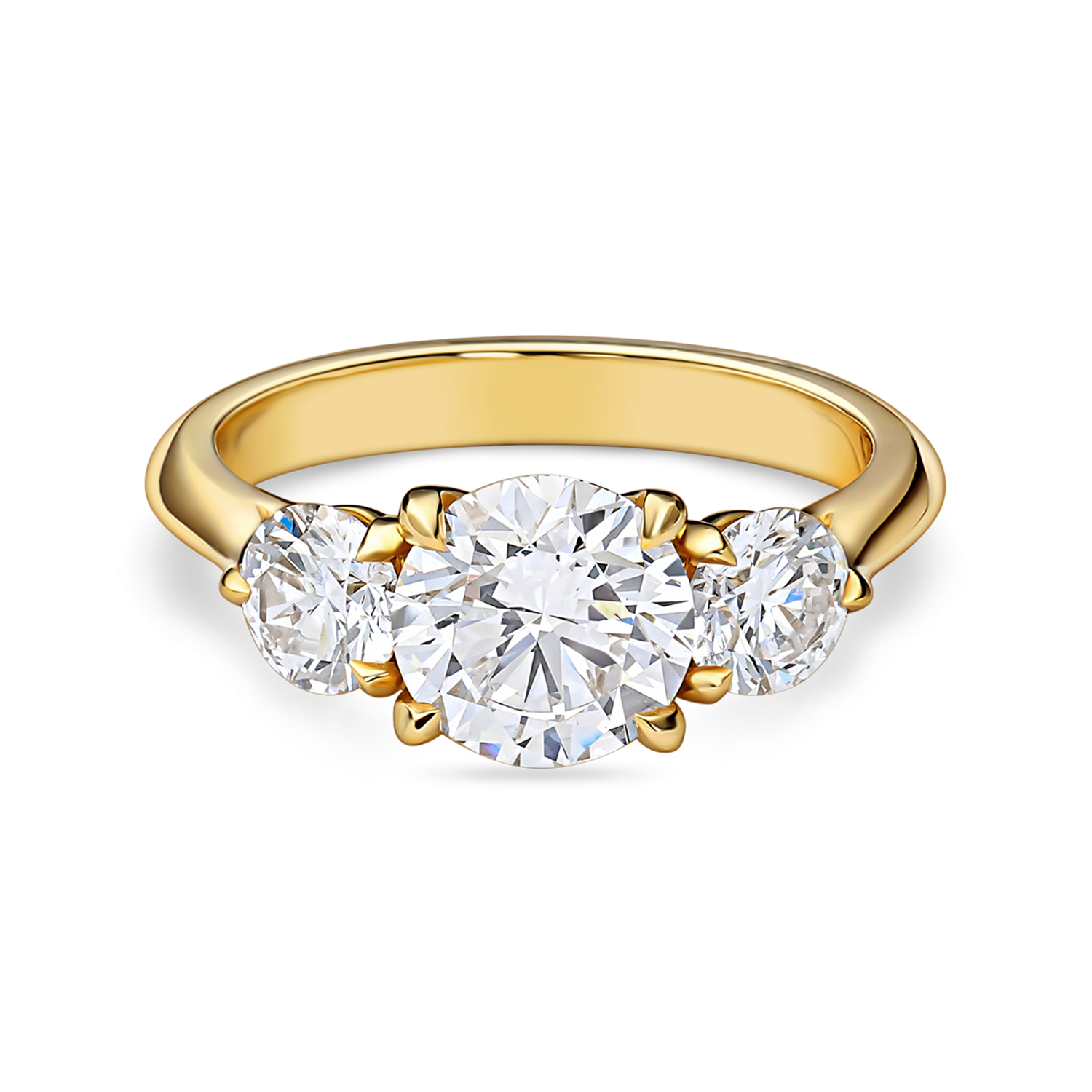 front view of round trilogy engagement ring featuring three lab grown round diamonds in yellow gold