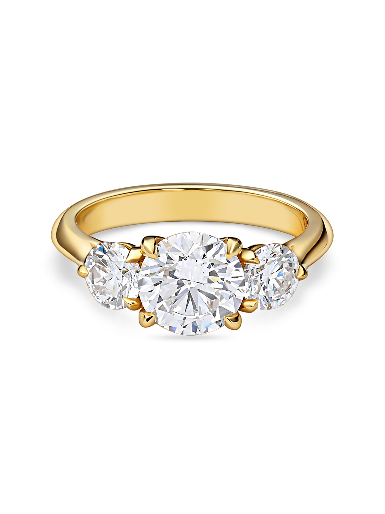 front view of round trilogy engagement ring featuring three lab grown round diamonds in yellow gold
