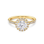 front view of 2ct lab grown round halo engagement ring in yellow gold
