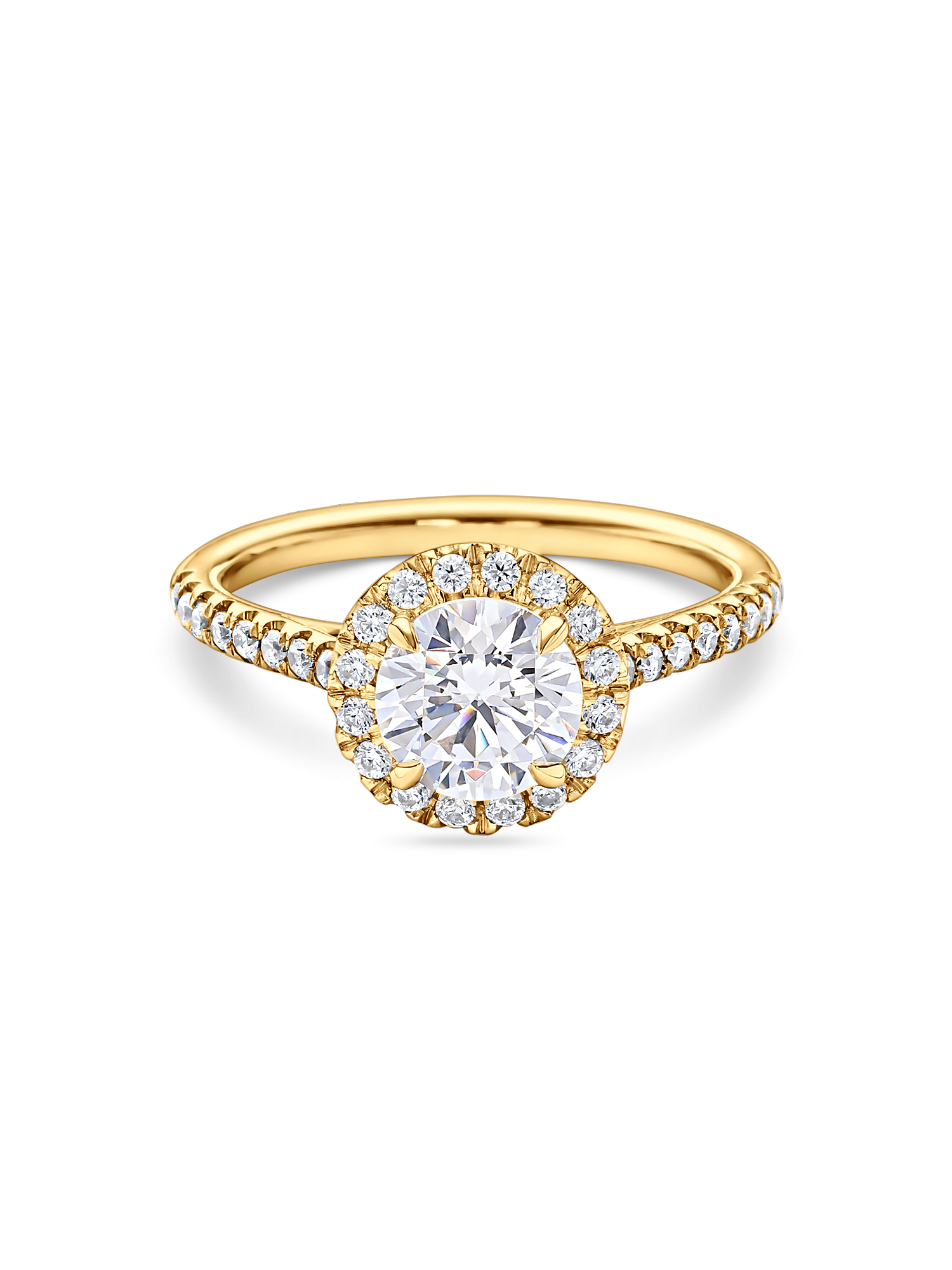 front view of 2ct lab grown round halo engagement ring in yellow gold