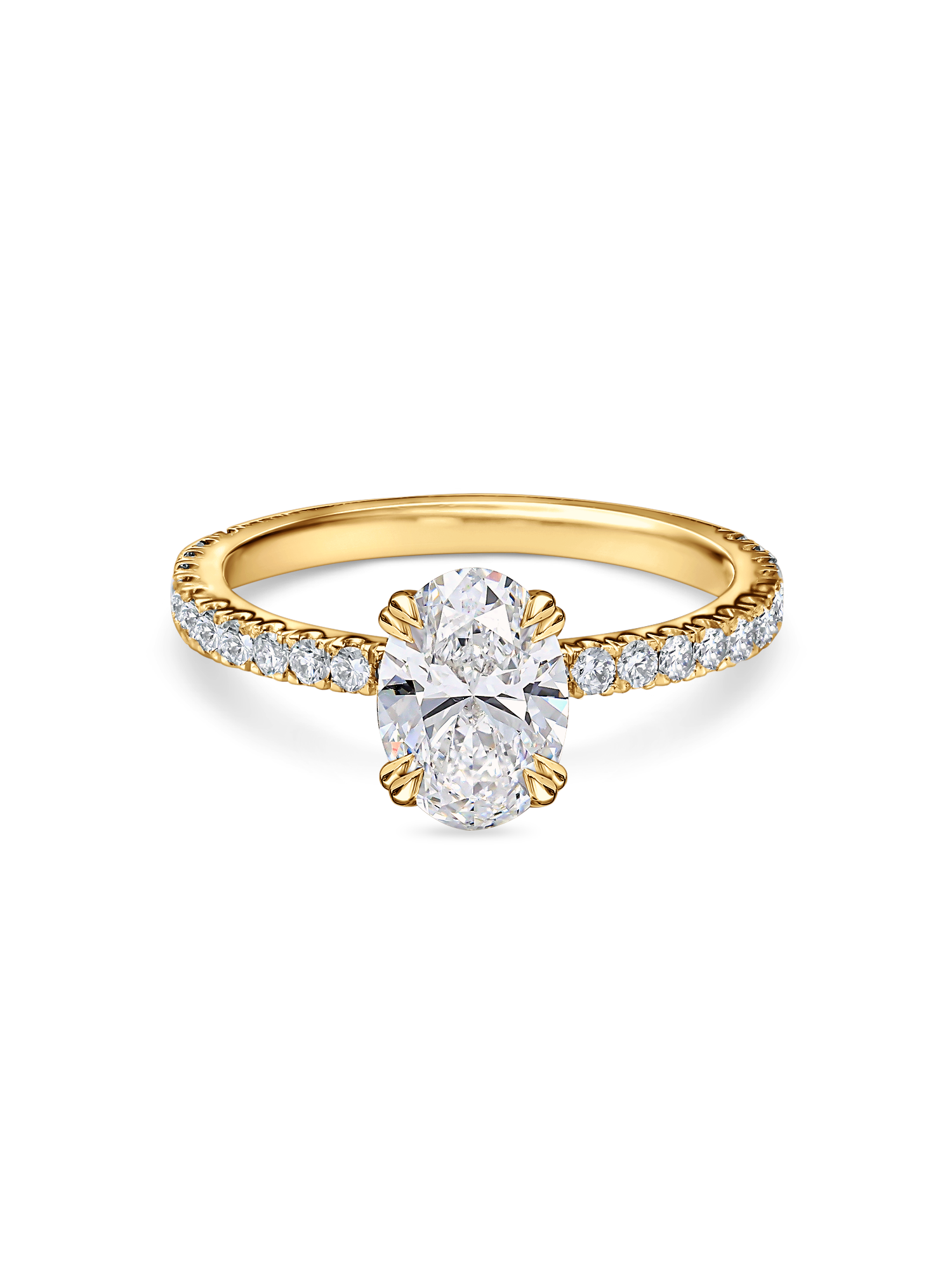 front view of yellow gold oval solitaire engagement ring with hidden halo and diamond set band. all lab grown diamonds