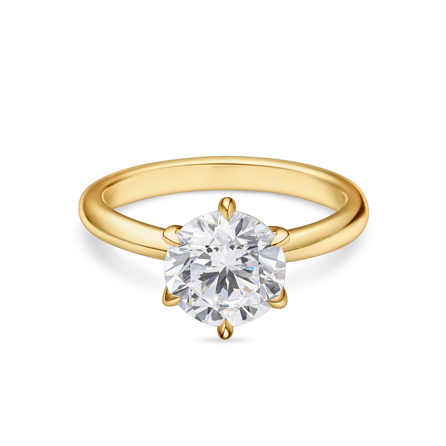 front view of round solitaire engagement ring with six claws. featuring a round lab grown diamond in yellow gold