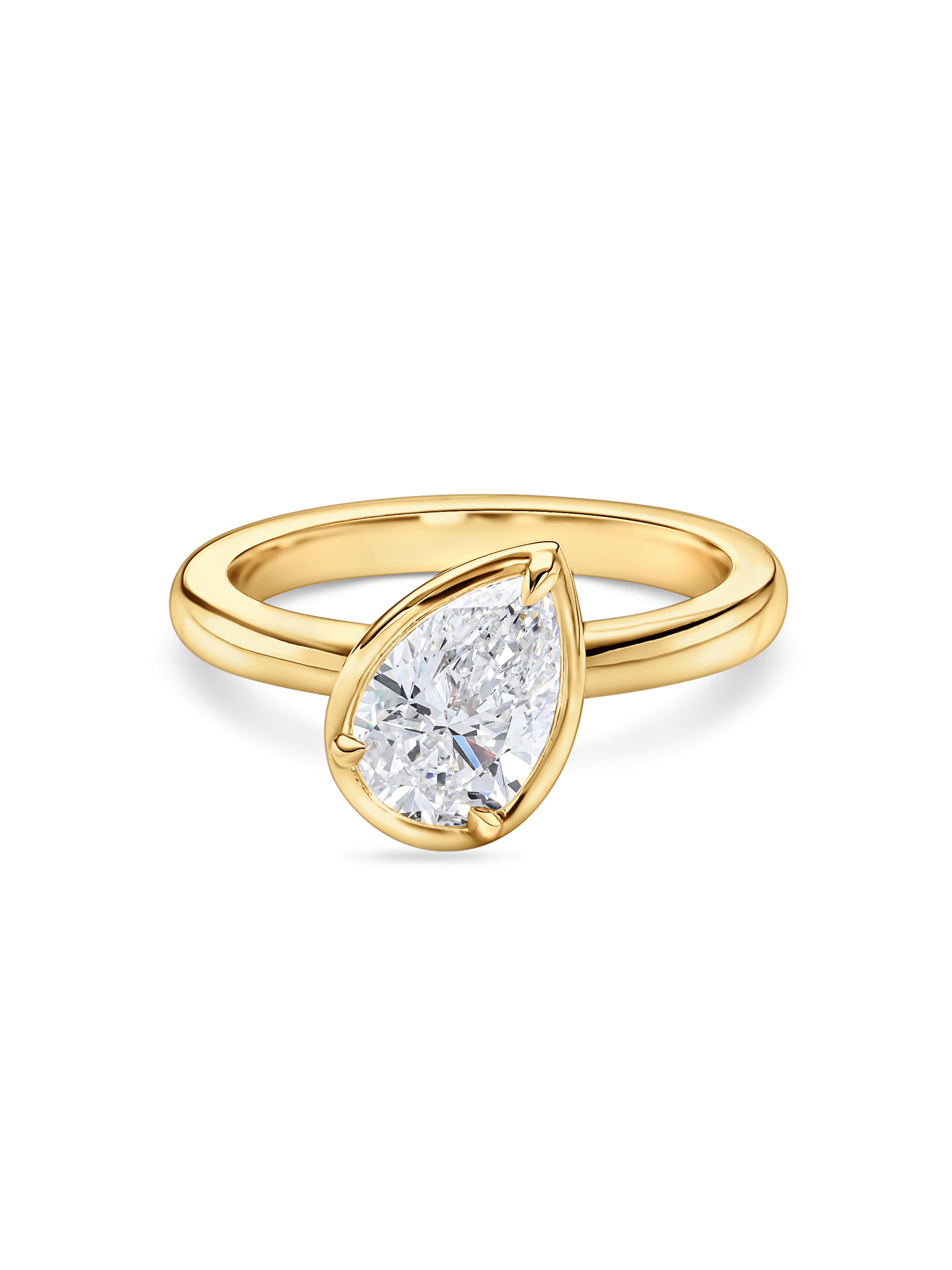 front view of the titled pear solitaire engagement ring in yellow gold, featuring a lab grown diamond. 